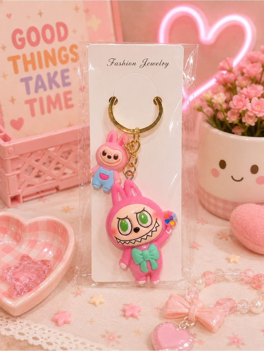 Cute Pink Bunny “Labubu” Character Keychain/bag charm
